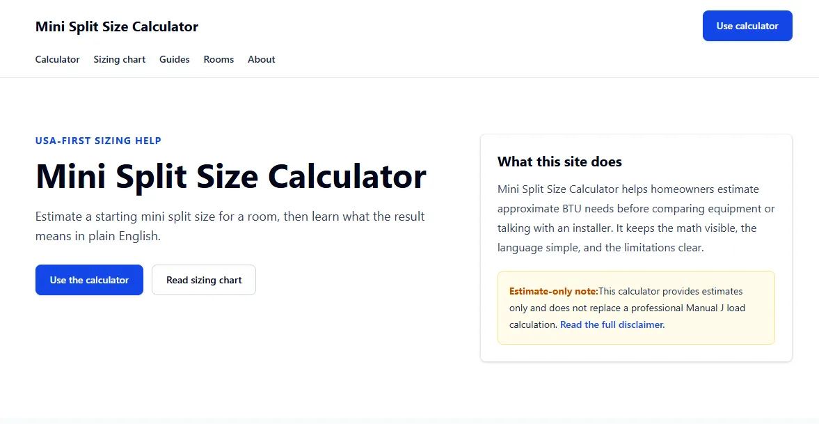 Mini Split Size Calculator home page